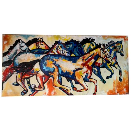 The Seven Running Horses Canvas Painting by Artist Ashok Jadav 48 x 96 Inch